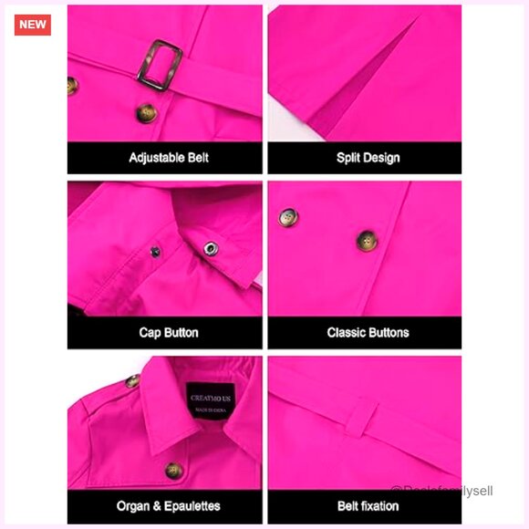 Long Trench Coat Double-Breasted Classic Lapel Slim Fit Belted Detachable Hood - Picture 6 of 6